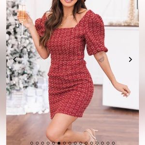Pink Lily Mysterious Might Puff Sleeve Red Tweed Dress